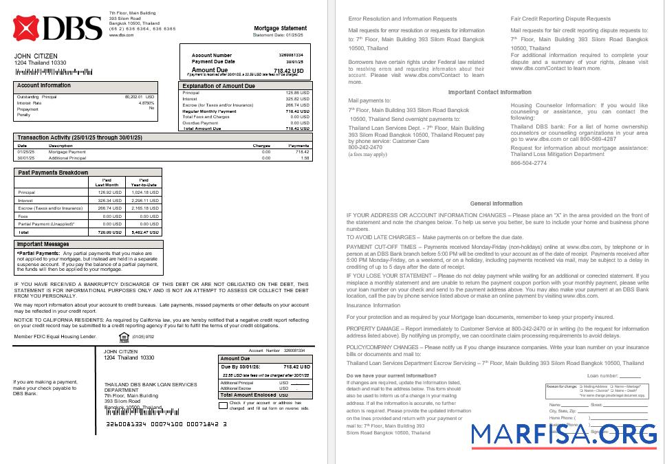 Blank Thailand DBS bank mortgage statement in Word and PDF formats template